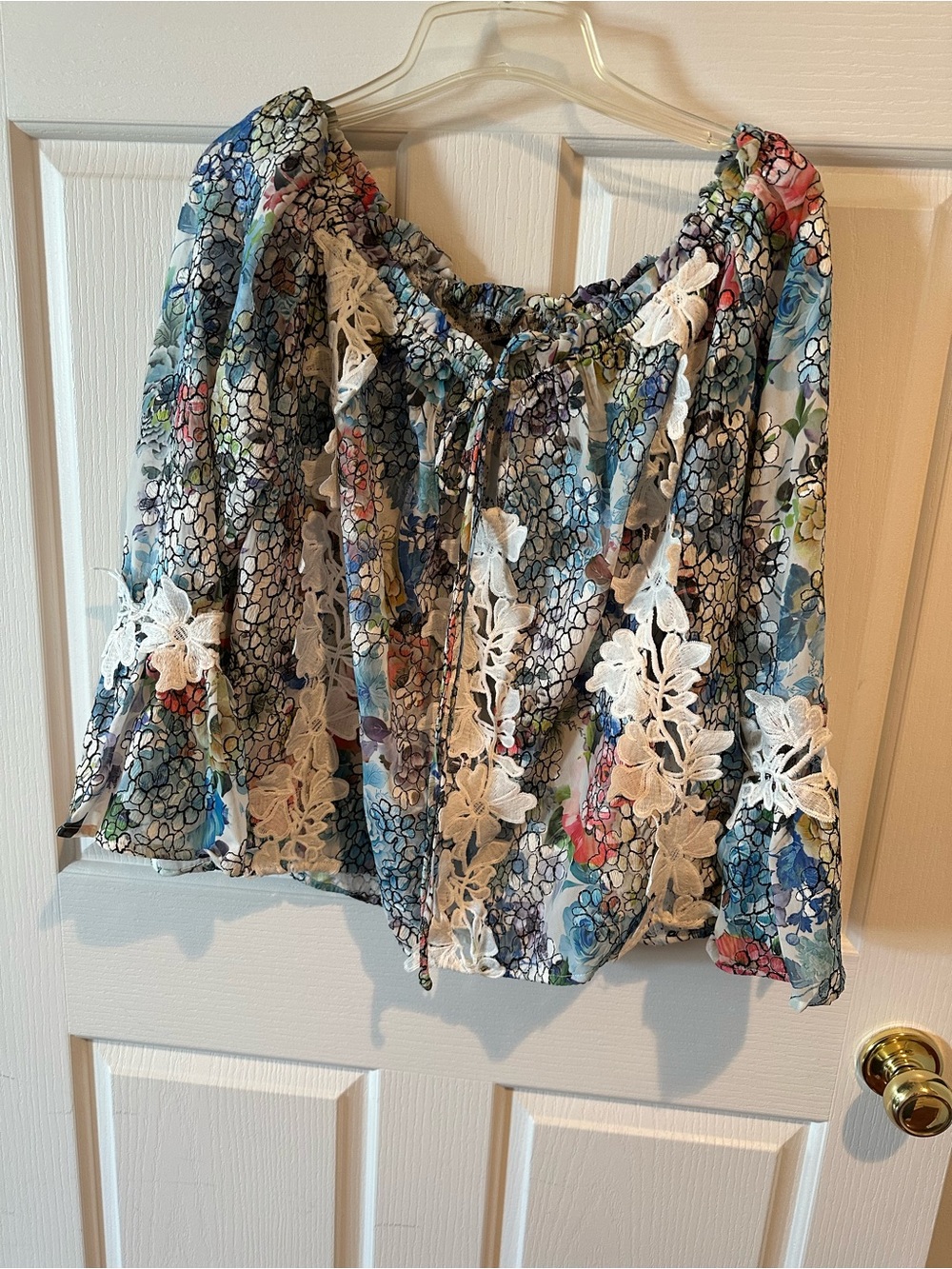 Alberta Ferretti Floral Smocked Peasant Top in Light Blue & Multicolor